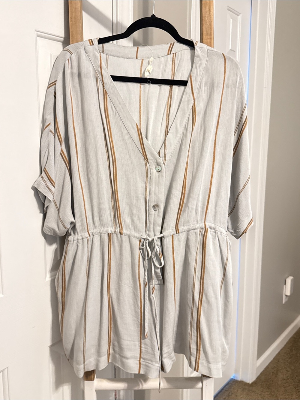 Grade & Gather Striped Light Gray Drawstring Romper
